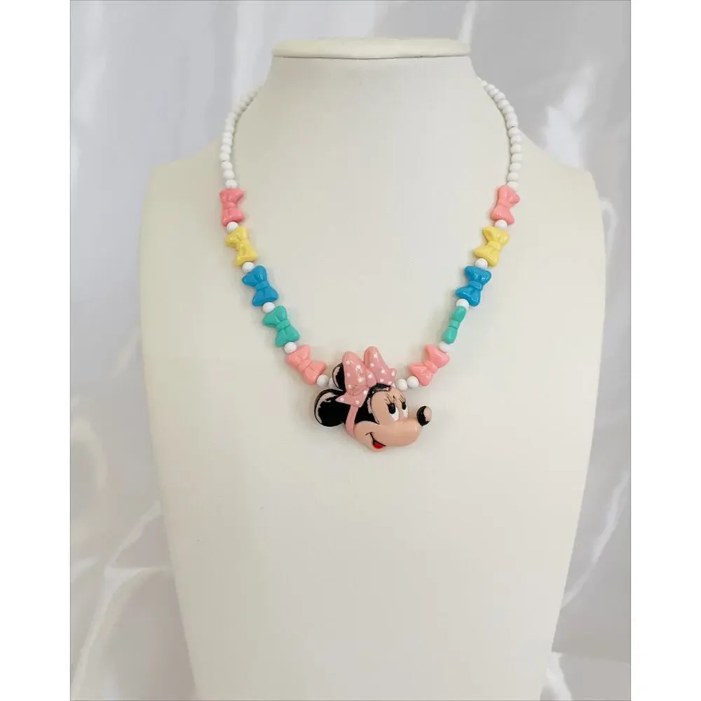 DISNEY Totally Minnie Necklace Pastel Bow Beads Minnie Mouse Charm Vintage 1988